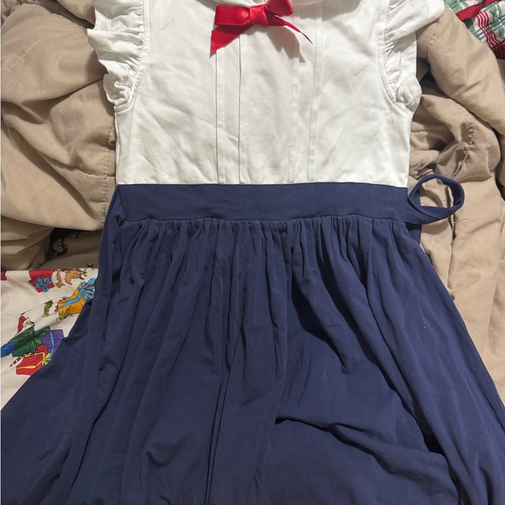 White and Blue Dress with Red Bow